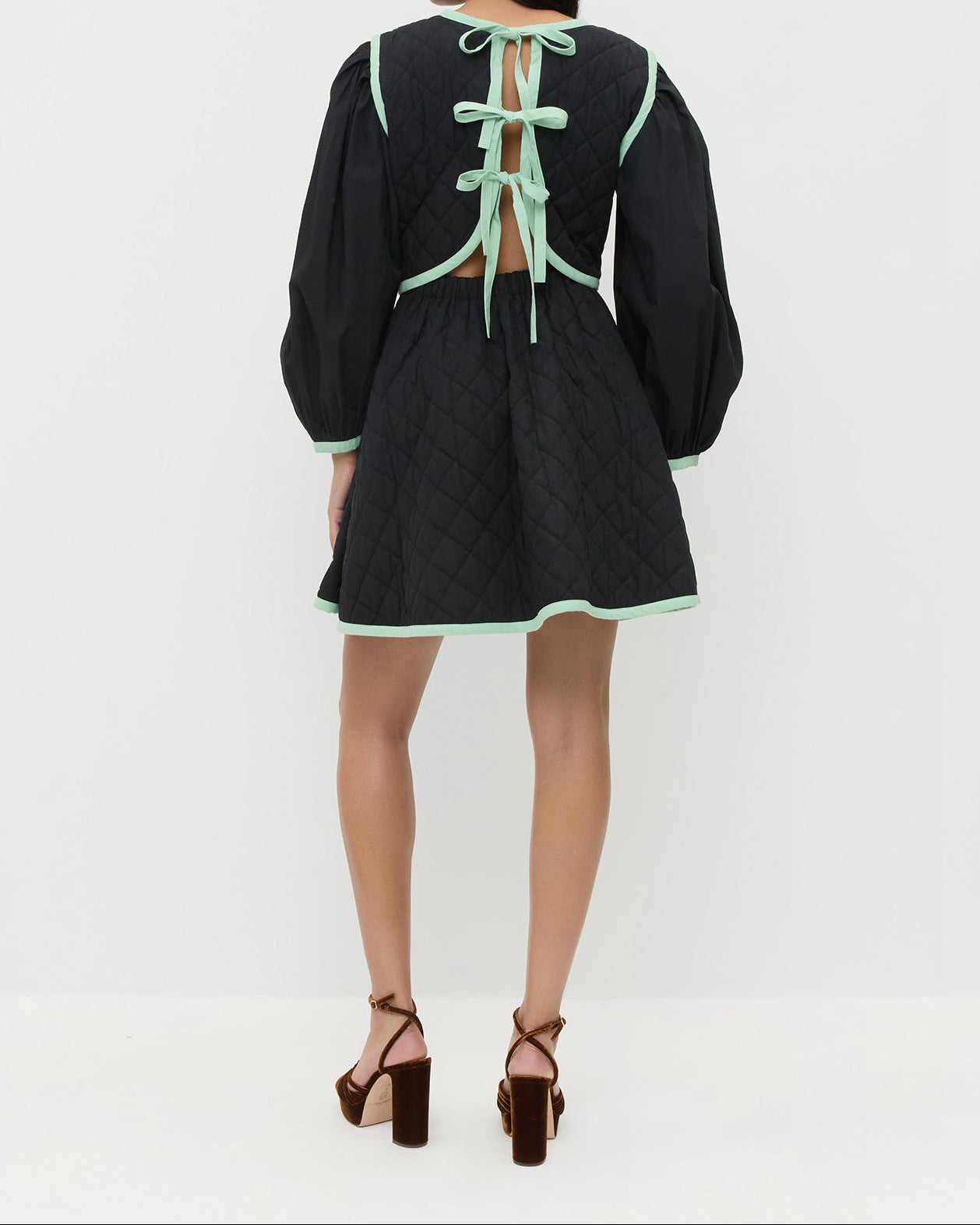 Laney Short Dress in quilted black cotton with mint and brown floral design and Rivka Brown Velvet Platform Sandal.