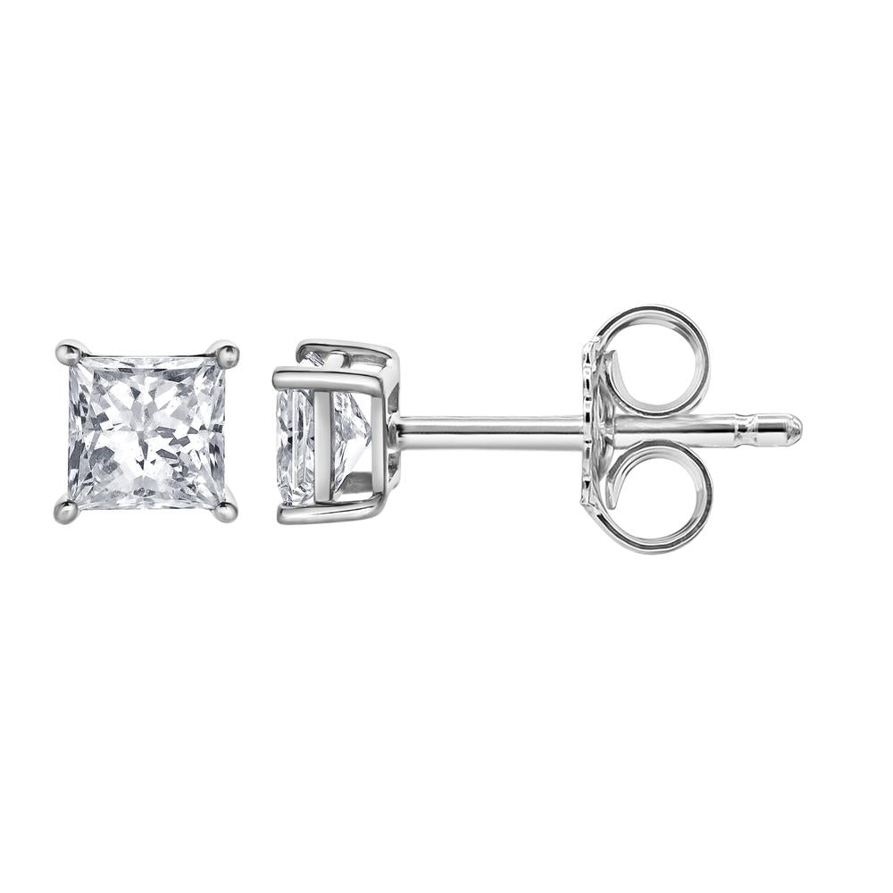 Womens | 0.60 CT  Princess Cut Lab Grown Diamond | Solitaire Stud | 14K White Gold | G-VS1