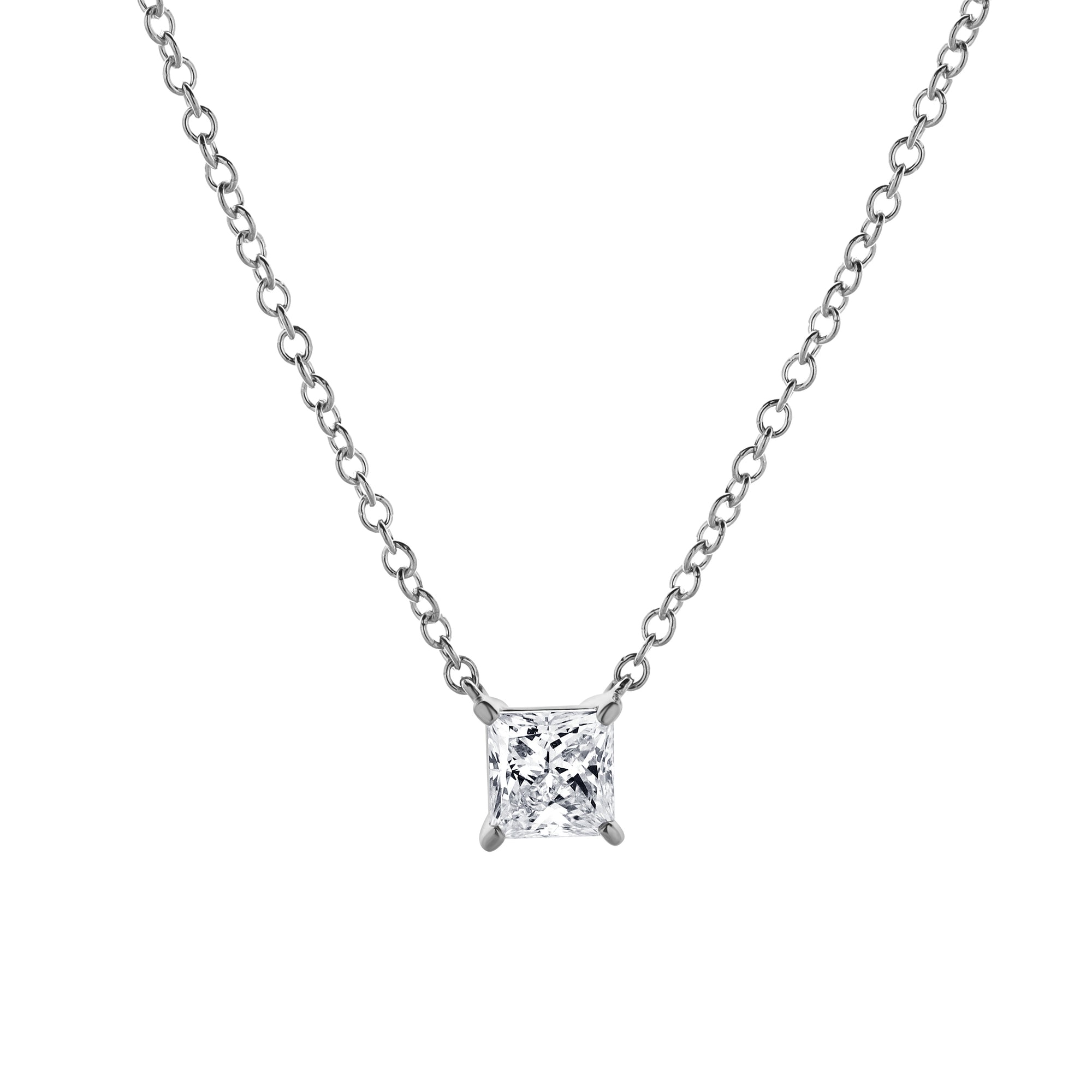 Womens | 0.50 CT  Princess Cut Lab Grown Diamond | Solitaire Pendant Necklace | 14K White Gold | I-J-SI