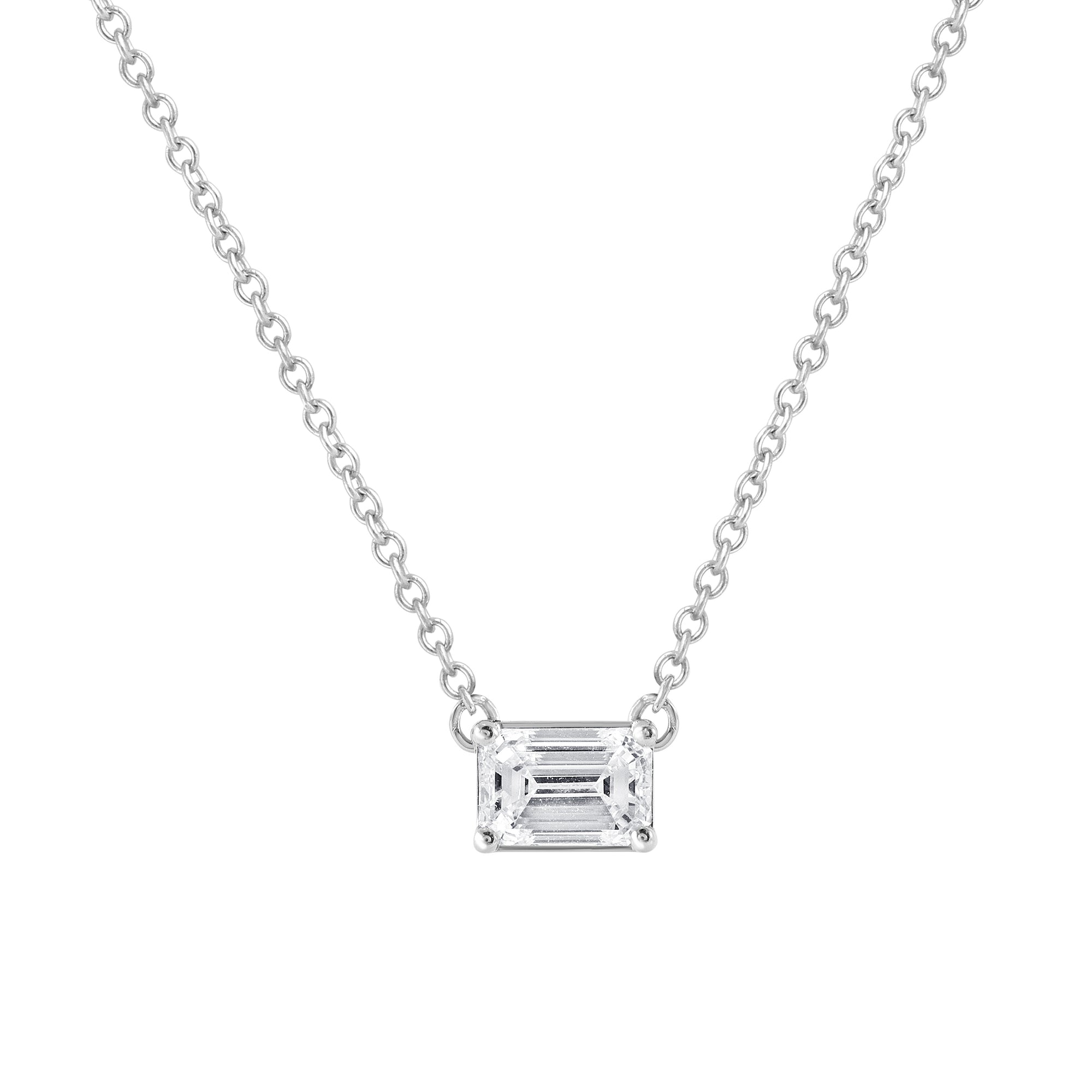 Womens | 0.60 CT  Emerald Cut Lab Grown Diamond | Solitaire East West Pendant Necklace | 14K White Gold | G-VS1