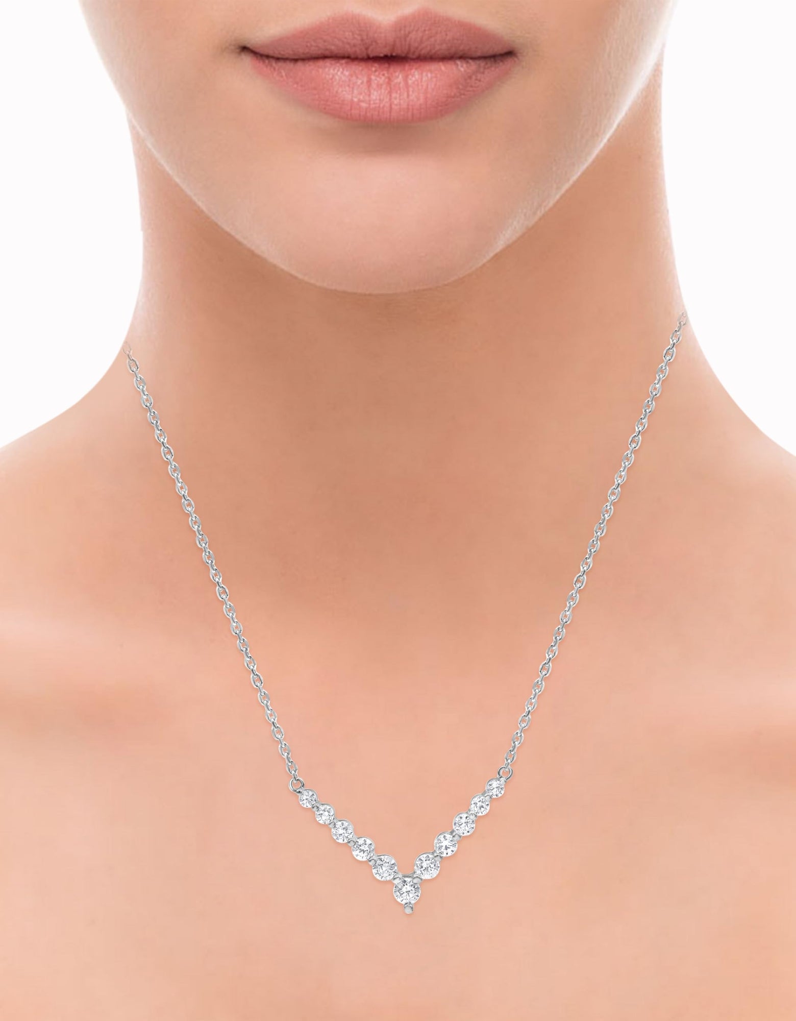Womens | 1.00 CT Round Cut Lab Grown Diamond | V Shaped Necklace | Sterling Silver | J-K-I1/I2