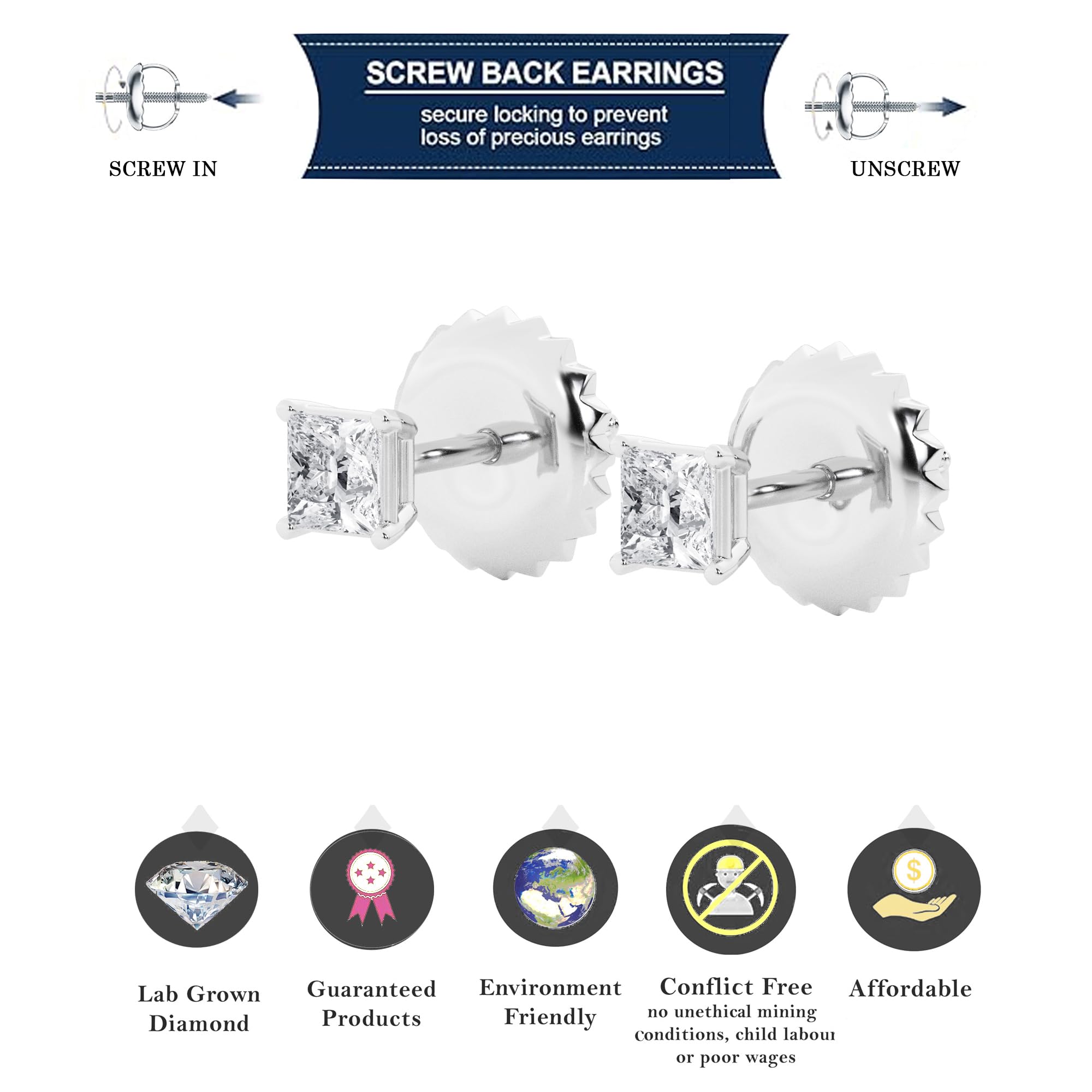 Womens | 0.50 CT  Princess Cut Lab Grown Diamond | Solitaire Stud | 18K White Gold | F-VS