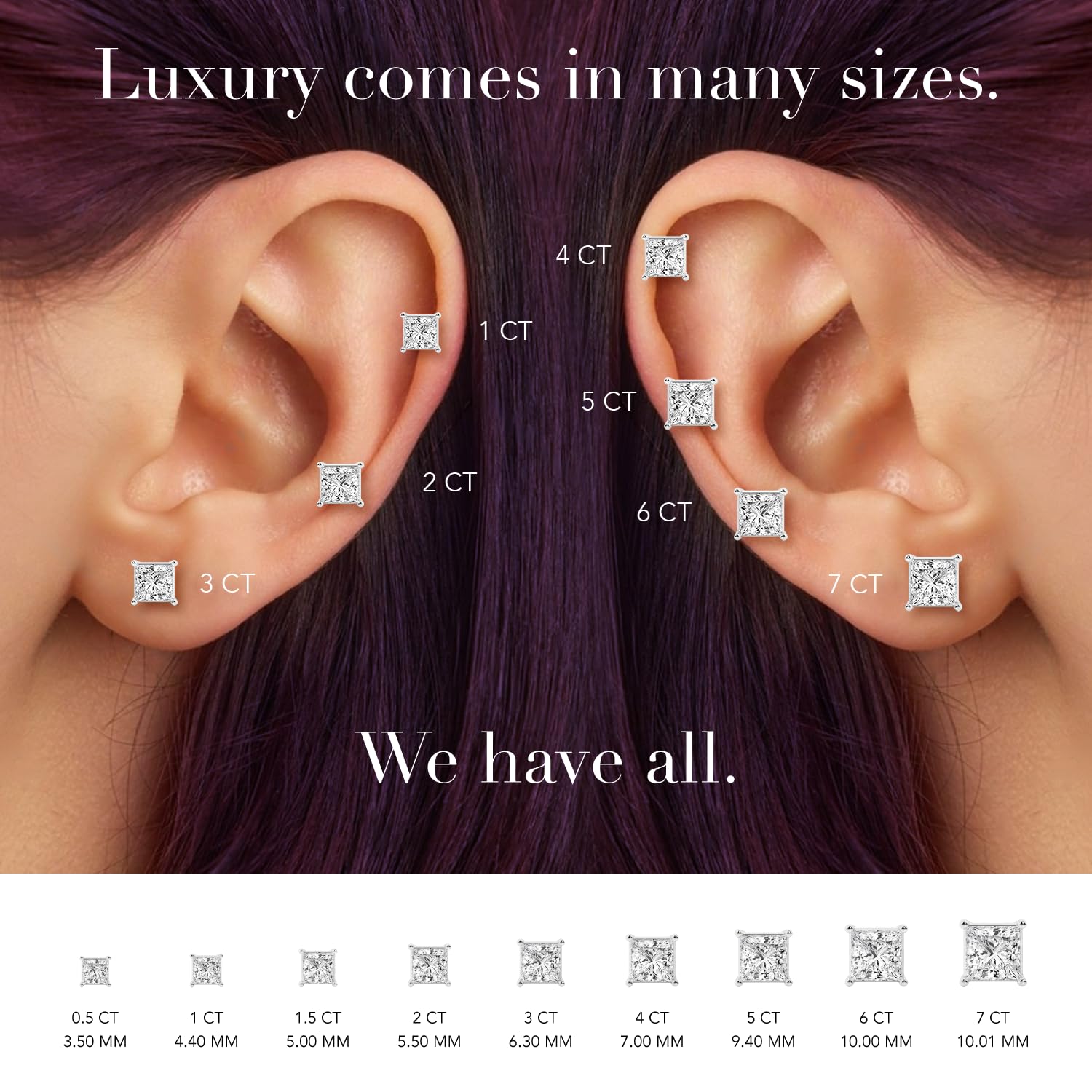 Womens | 0.50 CT  Princess Cut Lab Grown Diamond | Solitaire Stud | 18K White Gold | F-VS