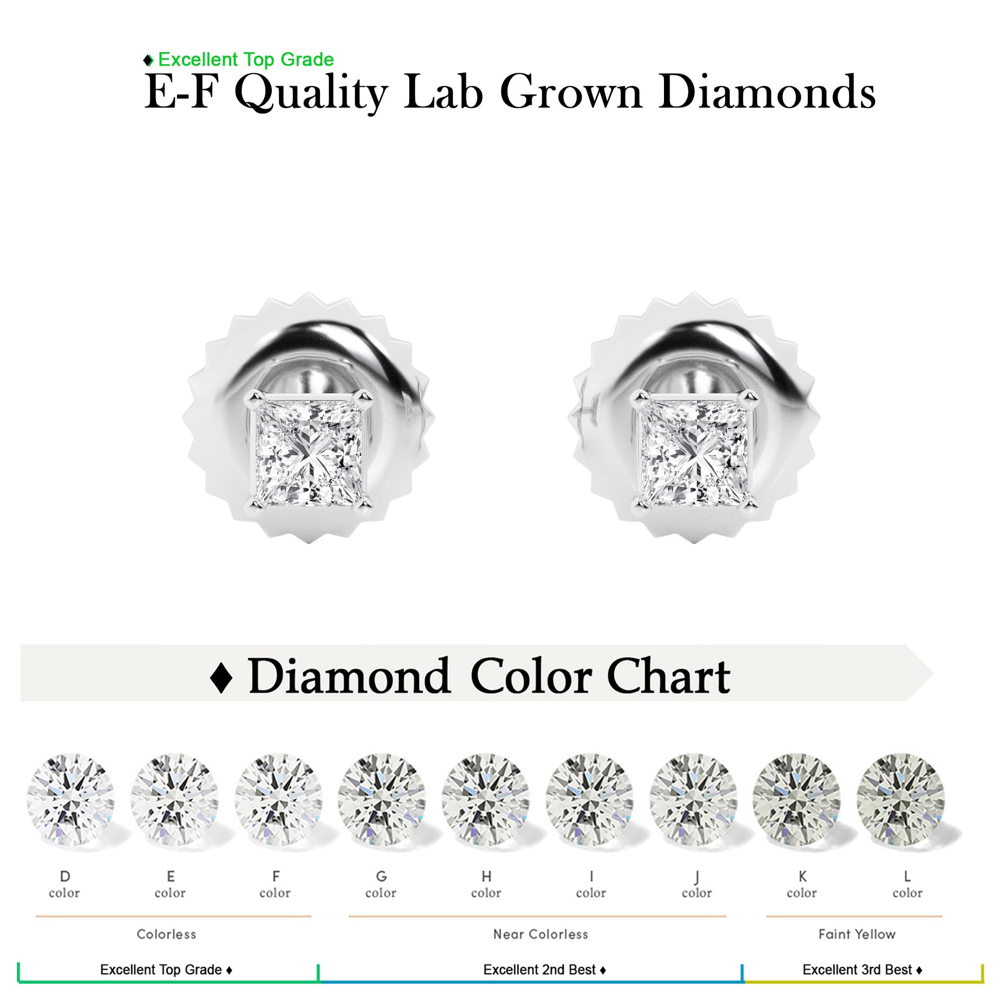 Womens | 0.50 CT  Princess Cut Lab Grown Diamond | Solitaire Stud | 18K White Gold | F-VS