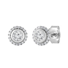 Womens | 0.60 CT Round Cut Lab Grown Diamond | Halo Stud | 9K White Gold | I-J-I1
