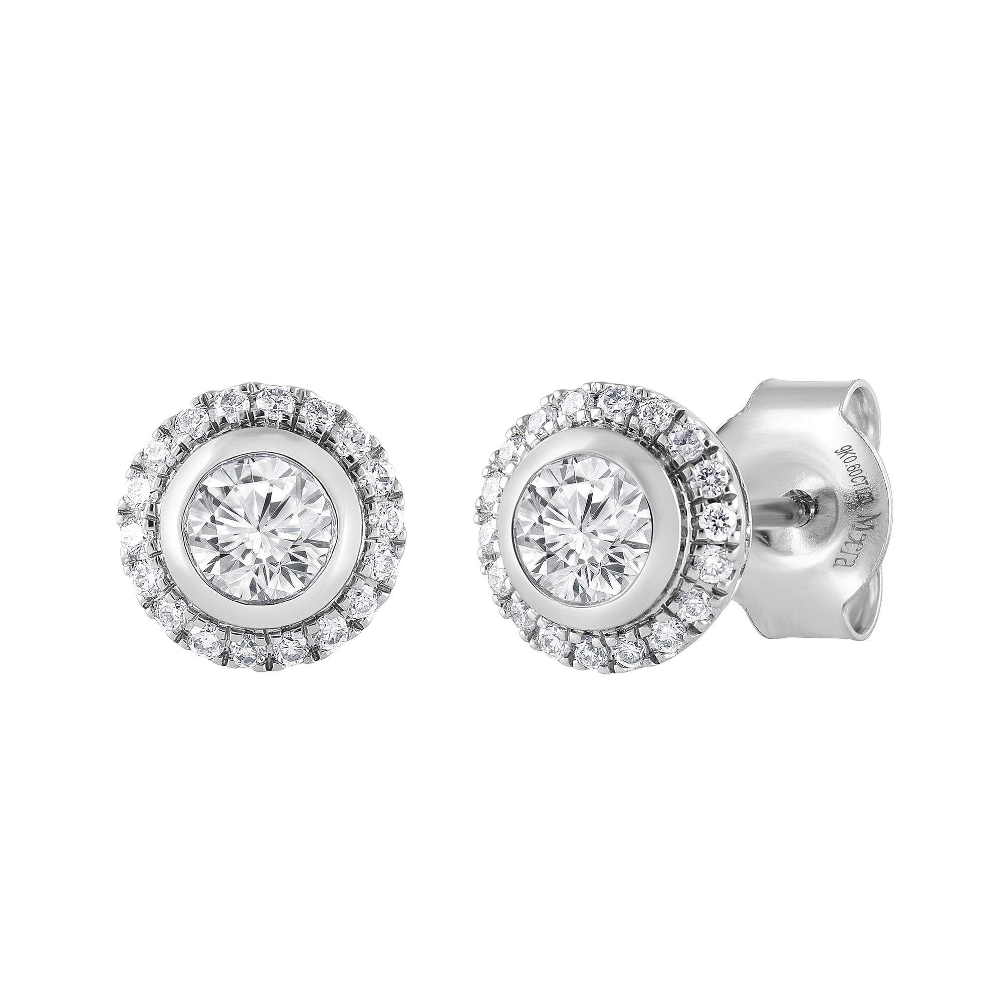 Womens | 0.60 CT Round Cut Lab Grown Diamond | Halo Stud | 9K White Gold | I-J-I1