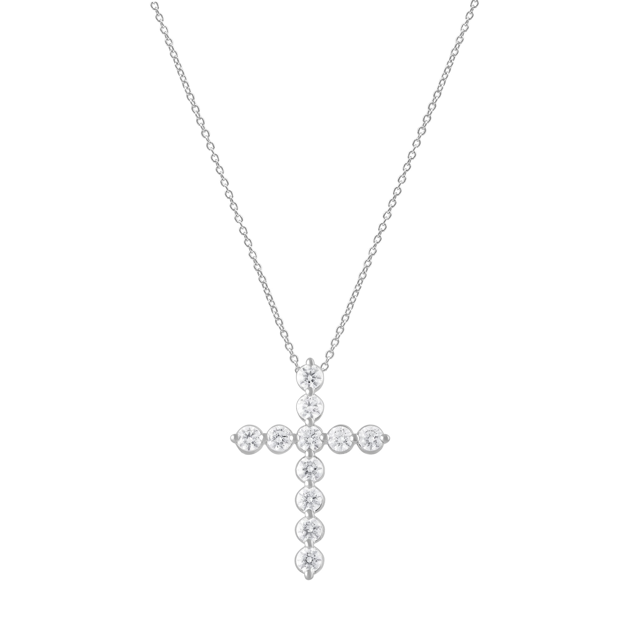 Womens | 1.00 CT Round Cut Lab Grown Accent Diamond | Cross Necklace | Sterling Silver | J-K-I1/I2