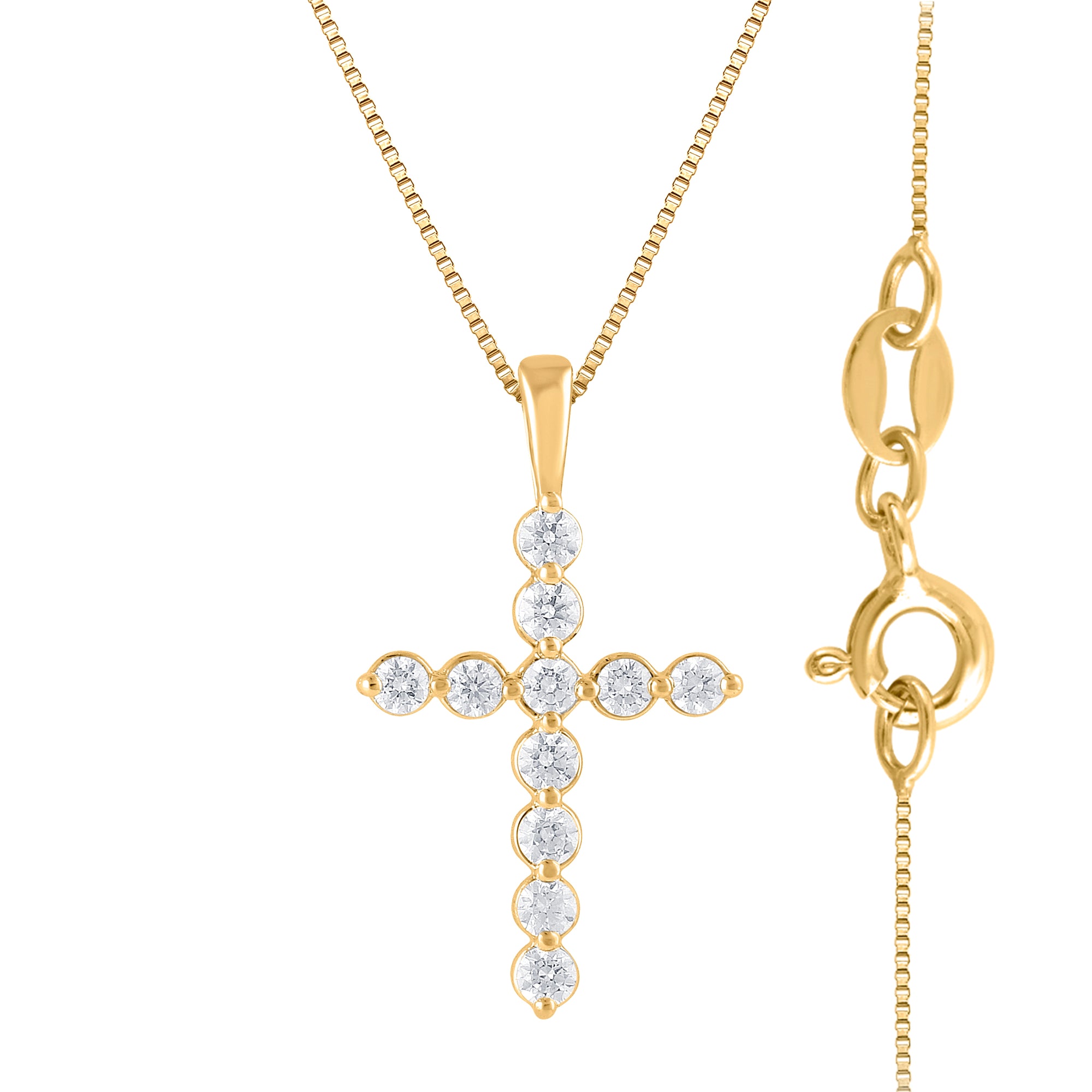 Womens | 0.25 CT Round Cut Lab Grown Diamond | Cross Pendant Necklace | Yellow Gold Plated Sterling Silver | J-SI-I1