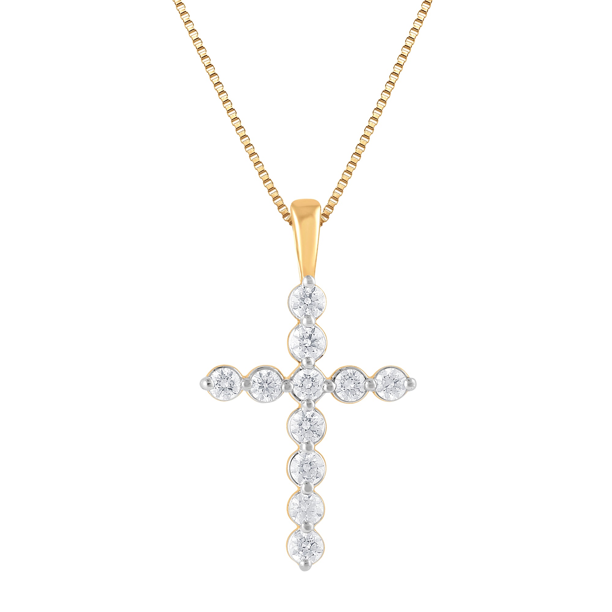 Womens | 0.25 CT Round Cut Lab Grown Diamond | Cross Pendant Necklace | Yellow Gold Plated Sterling Silver | J-SI-I1