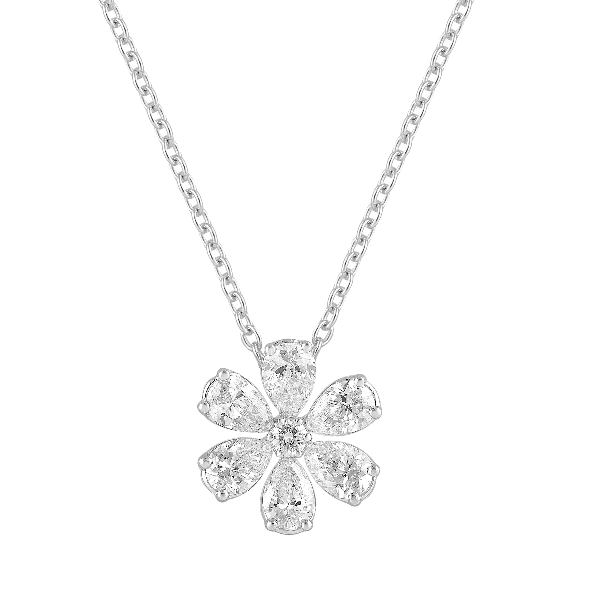 Womens | 1.00 CT  Pear &Round Cut Lab Grown Diamond | Floral Necklace | Sterling Silver | J-K-I1/I2