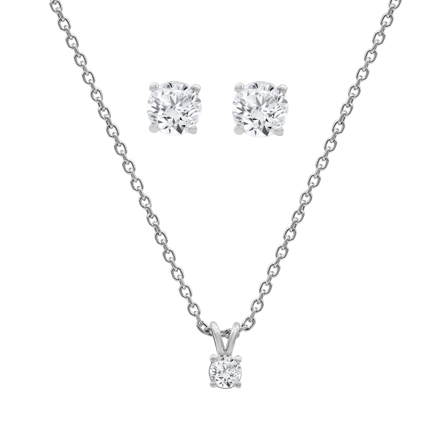 Womens | 1.00 CT Round Cut Lab Grown Diamond | Solitaire Pendant Necklace-Stud Earrings Set | Sterling Silver | G-SI