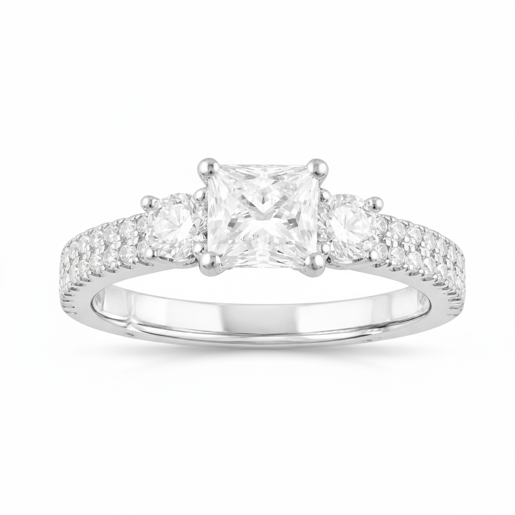 1.75 CT Princess/Round Lab-Grown Diamond | Ring | 14K White Gold | G Color | VS Clarity