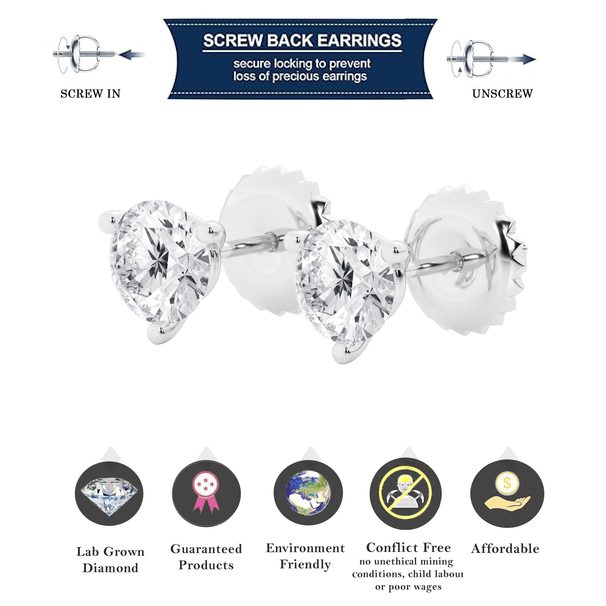 Womens | 3.00 CT Round Cut Lab Grown Diamond | Martini Stud | 18K White Gold | H-VS