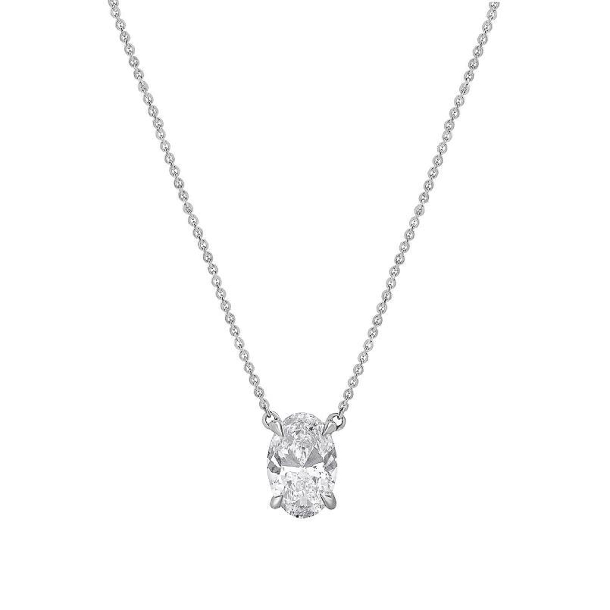 Womens | 0.75 CT  Oval Cut Lab Grown Diamond | Solitaire Pendant Necklace | 14K White Gold | J-K-I1/I2