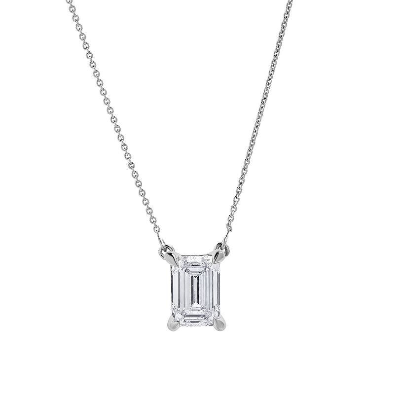 Womens | 0.75 CT  Emerald Cut Lab Grown Diamond | Solitaire Pendant Necklace | 14K White Gold | J-K-I1/I2