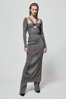 Variegated Rib Draped Metallic Gown | Metallic Gunmetal