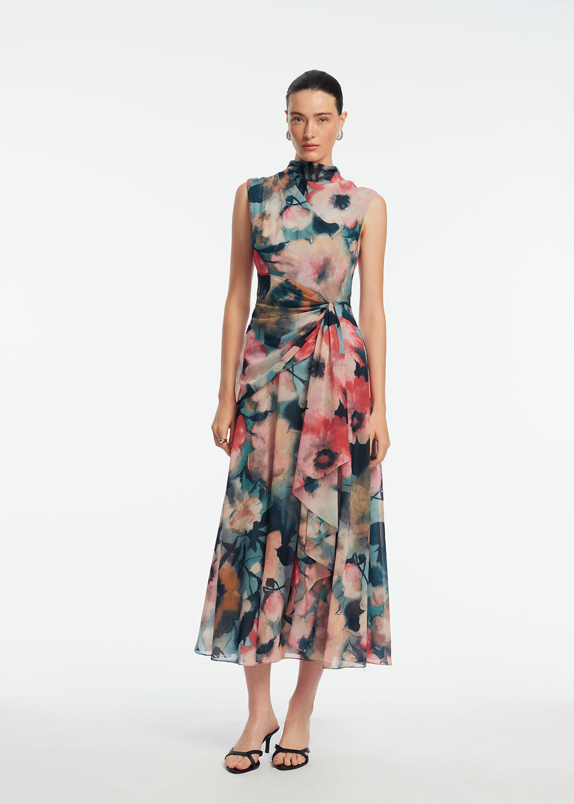 Floral Printed Chiffon Draped Dress | Mist Multi
