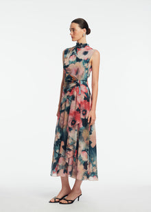 Floral Printed Chiffon Draped Dress | Mist Multi