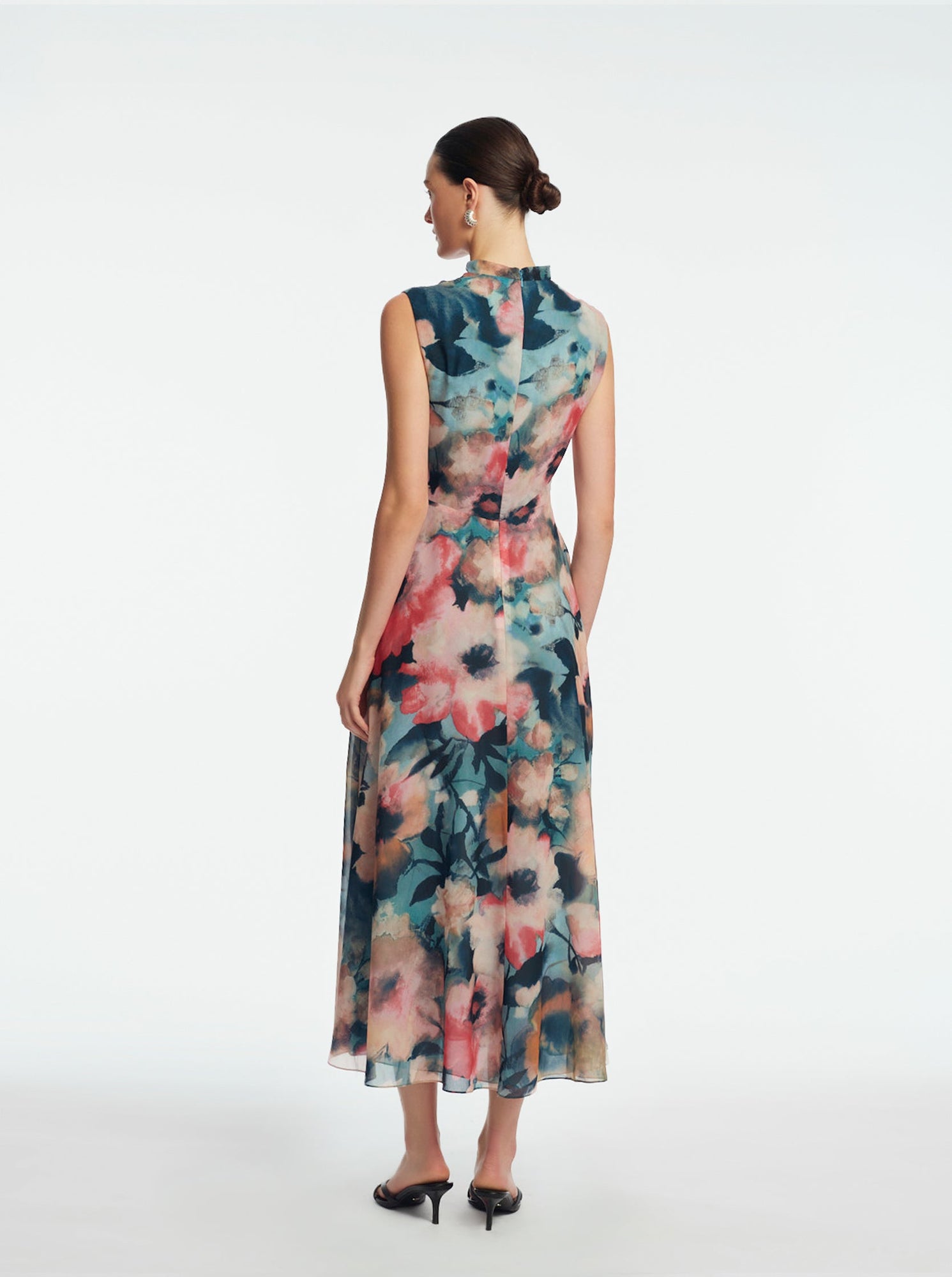 Floral Printed Chiffon Draped Dress | Mist Multi