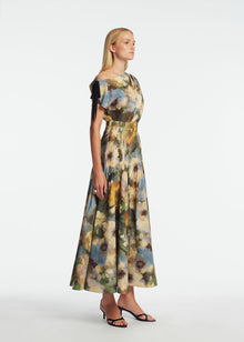 Floral Printed Cotton Draped Shoulder Pleated Dress | Cactus Multi