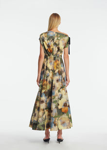 Floral Printed Cotton Draped Shoulder Pleated Dress | Cactus Multi