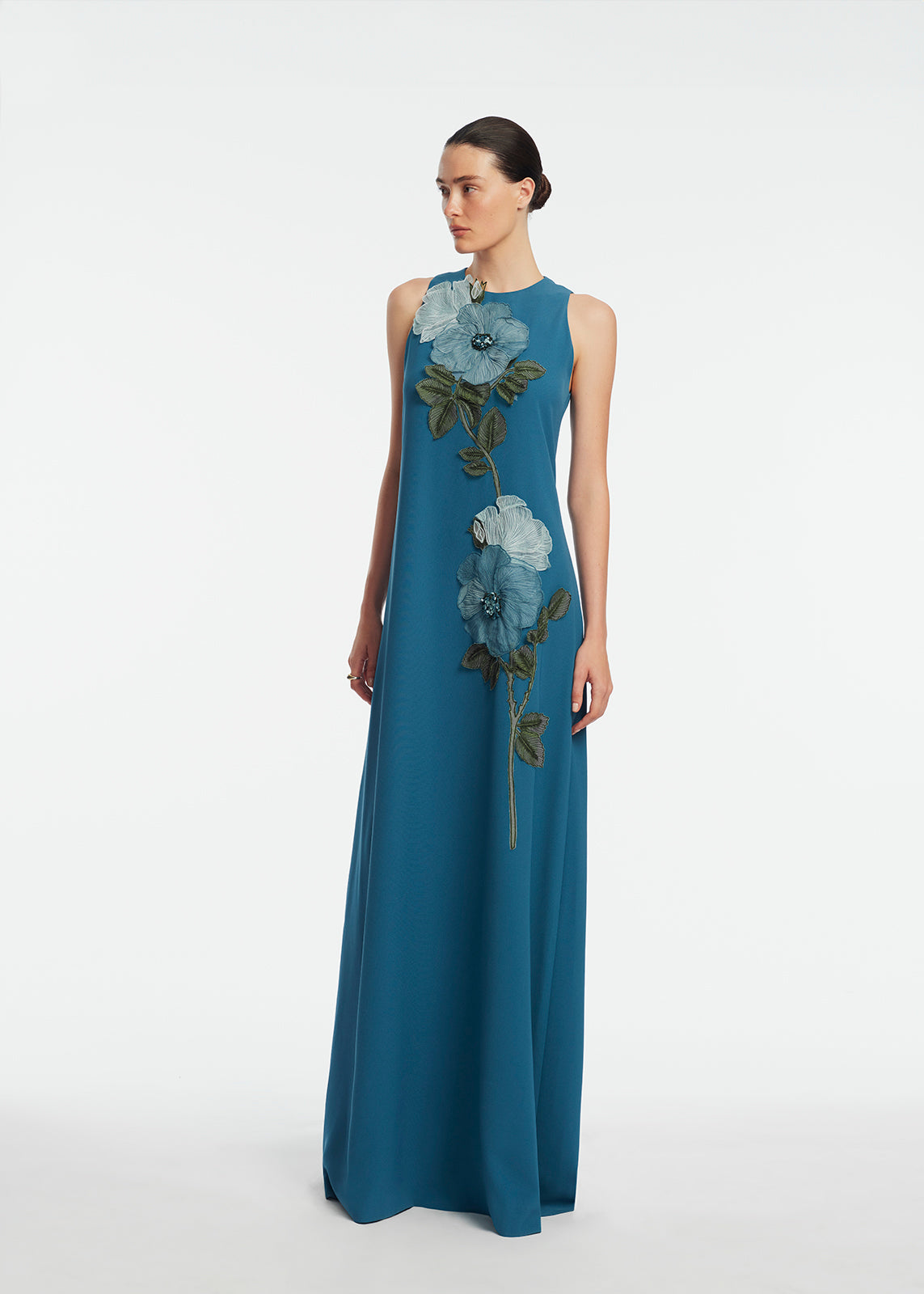 Peony Embroidered Fluid Crepe Francie Gown | Mallard/Mallard