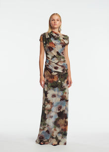 Floral Printed Chiffon Draped Column Gown | Cactus Multi
