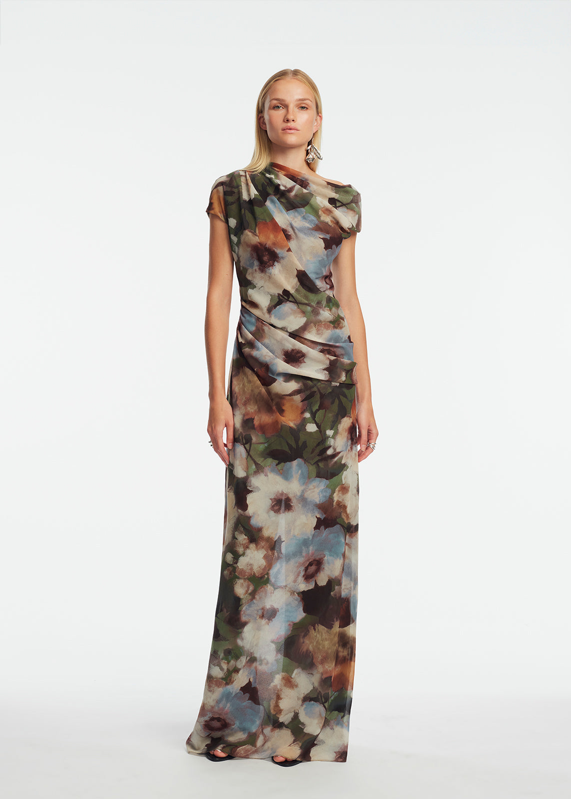 Floral Printed Chiffon Draped Column Gown | Cactus Multi