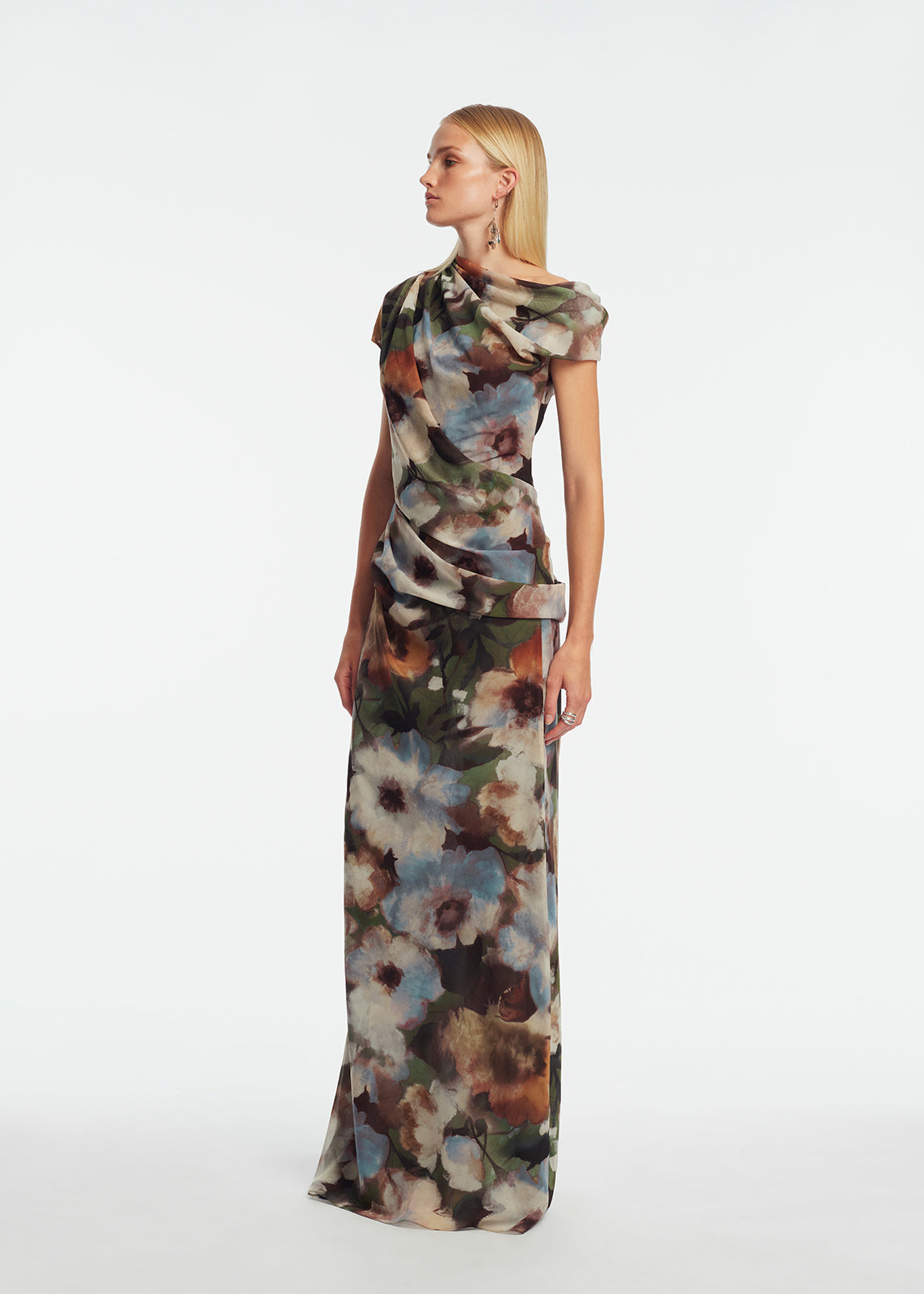 Floral Printed Chiffon Draped Column Gown | Cactus Multi