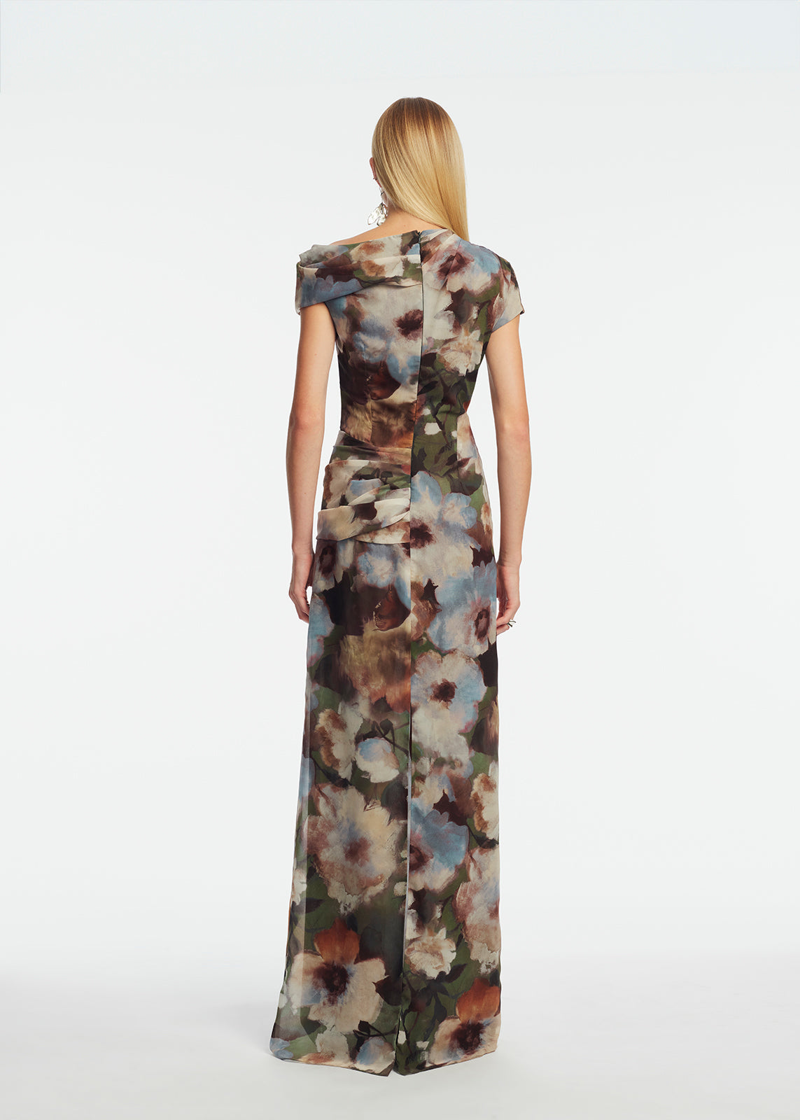 Floral Printed Chiffon Draped Column Gown | Cactus Multi