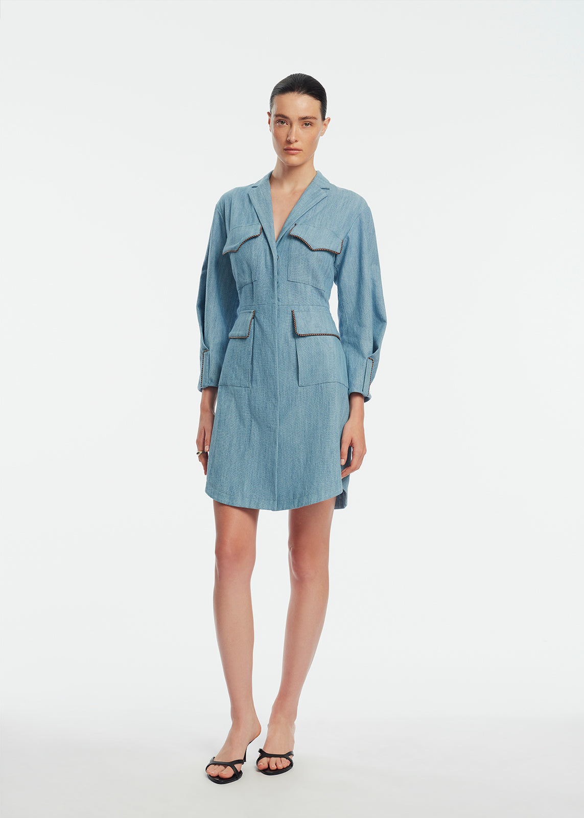 Denim Leather Trim Dress | Light Denim