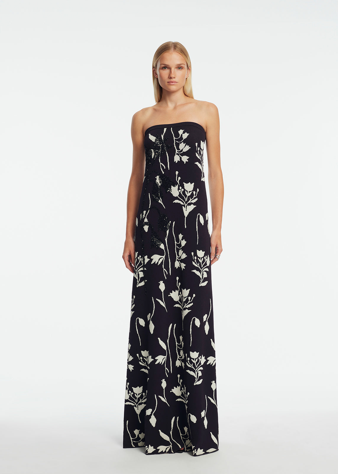 Floral Jacquard Knit Beaded Strapless Dress | Navy/Cream