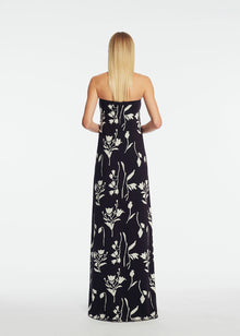Floral Jacquard Knit Beaded Strapless Dress | Navy/Cream