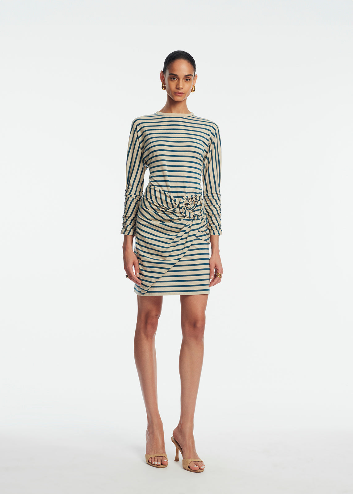 Striped Jersey Rose Ruched Dress | Cream/Mallard