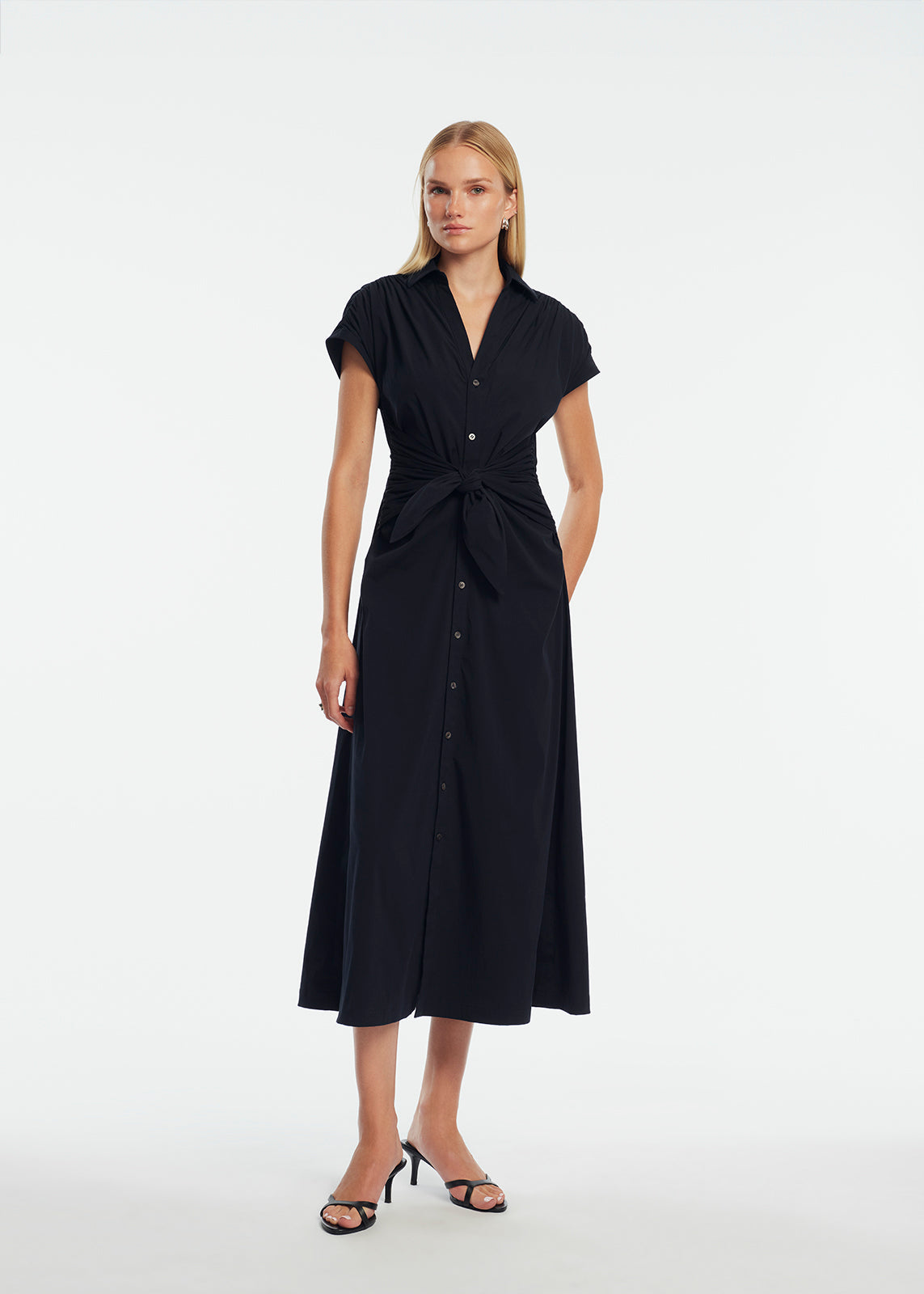 Cotton Poplin Tie Waist Dress | Navy