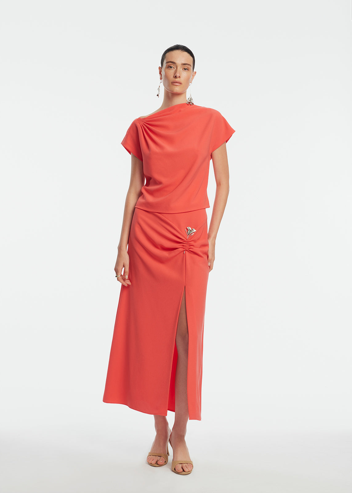 Fluid Crepe Pin Detail Skirt | Watermelon