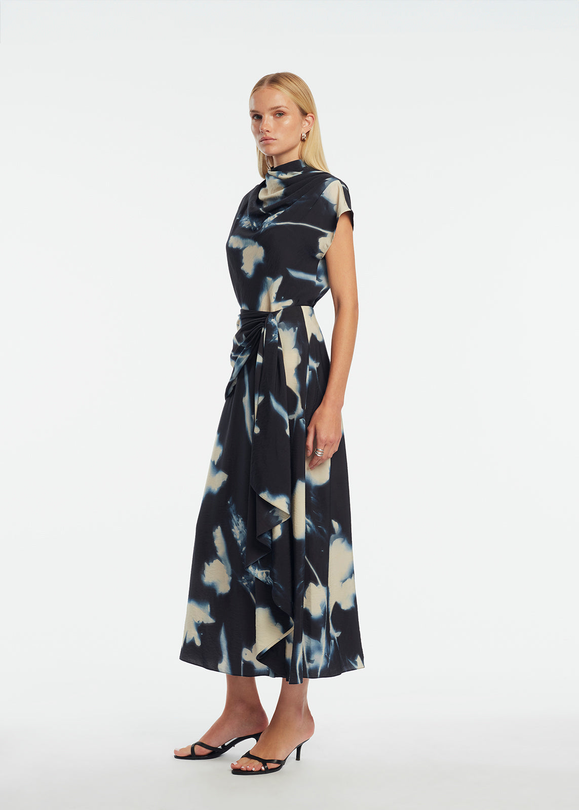 Abstract Floral Crepe Draped Top | Navy