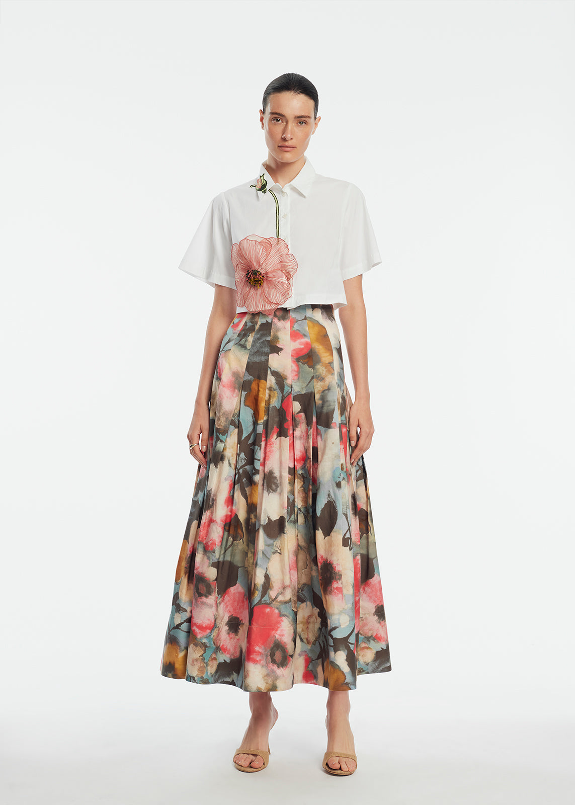 Floral Printed Cotton Full Skirt | Mist Multi