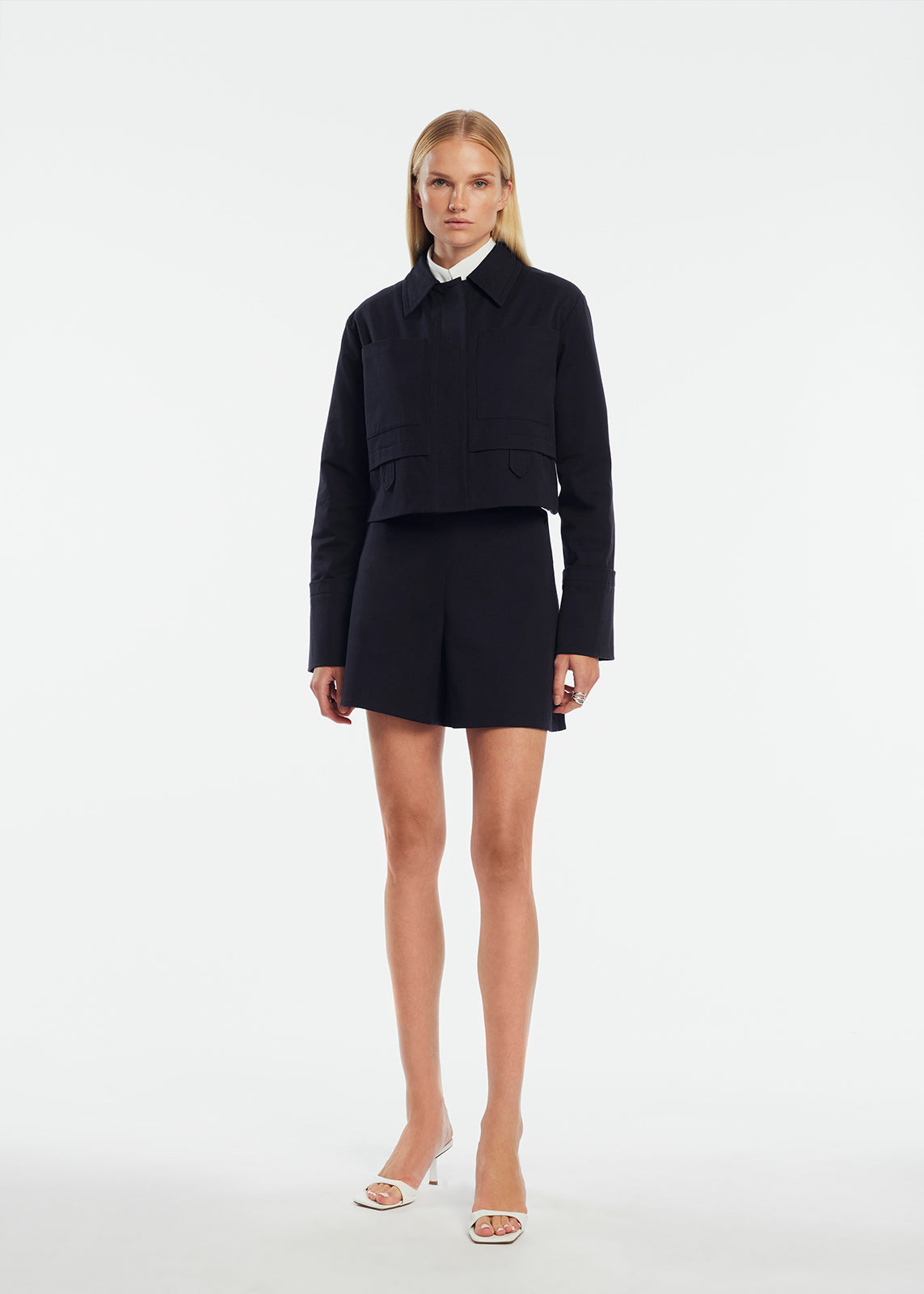Stretch Cotton Cropped Jacket | Navy