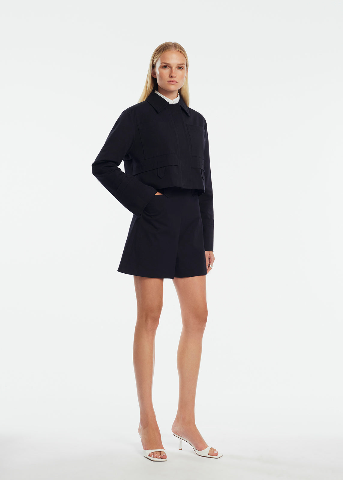 Stretch Cotton Cropped Jacket | Navy