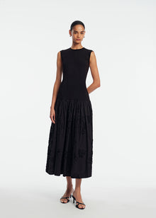 Ribbon Embroidered Cotton Combo Dress | Black