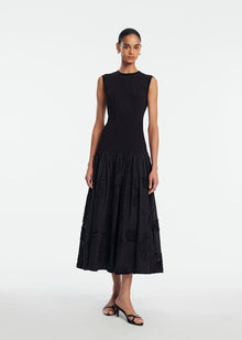 Ribbon Embroidered Cotton Combo Dress | Black