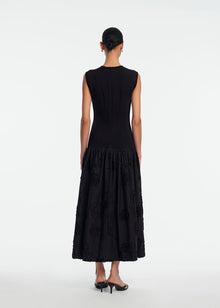 Ribbon Embroidered Cotton Combo Dress | Black