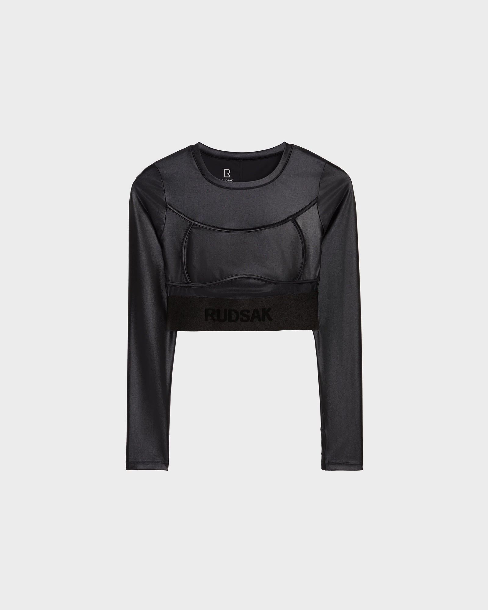 The LORA - 8524026 Black by Rudsak is a women’s fitted, cropped long sleeve top in mesh with a round neck and wide elastic hem branded with Rudsak—ideal for elevated activewear.