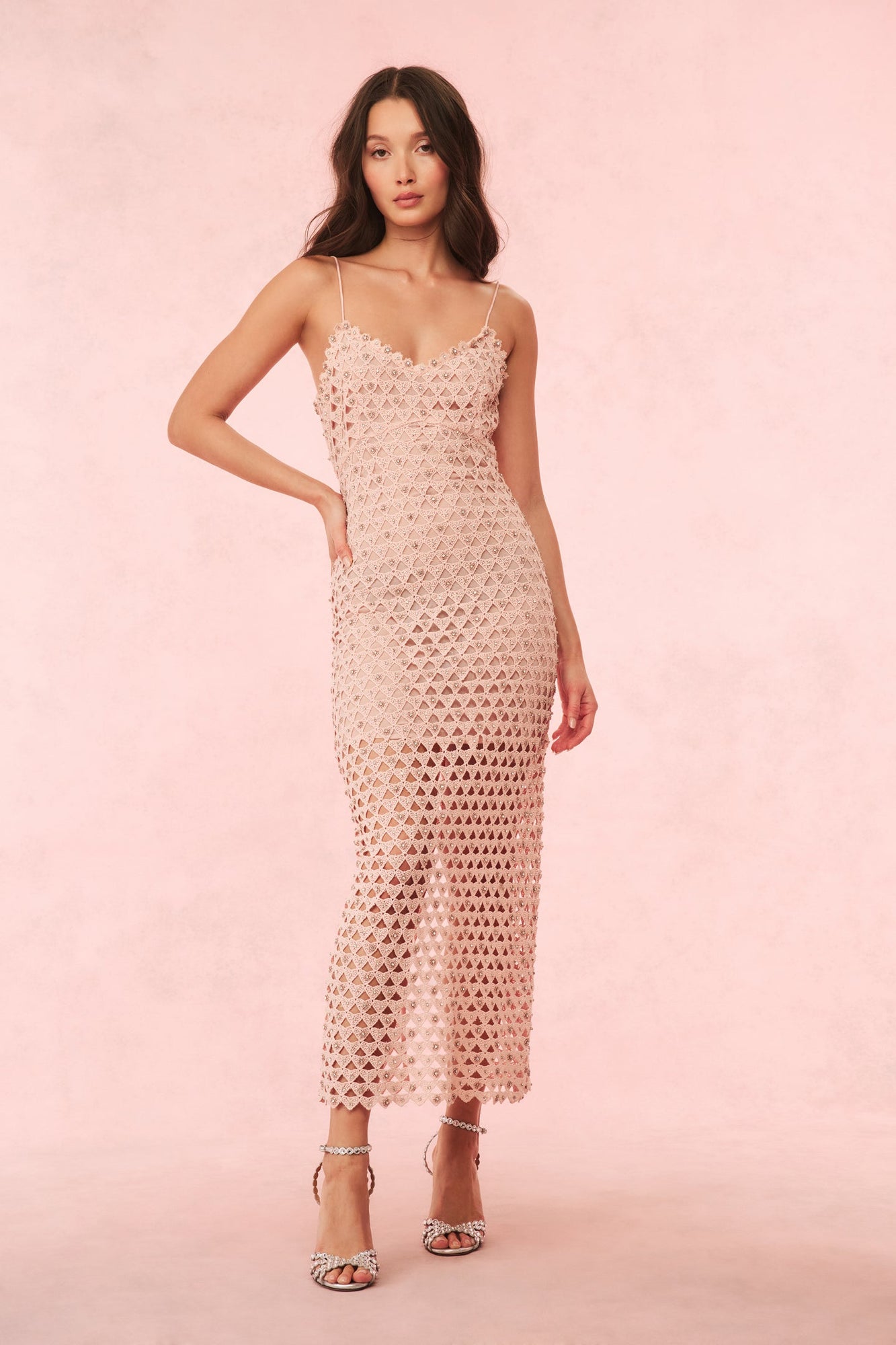 Lunaria Rhinestone Cotton Lace Maxi Dress | Cherished Pink