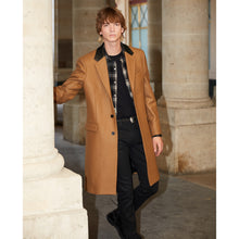 Leather Collar Belted Long Wool Coat | Men | Camel