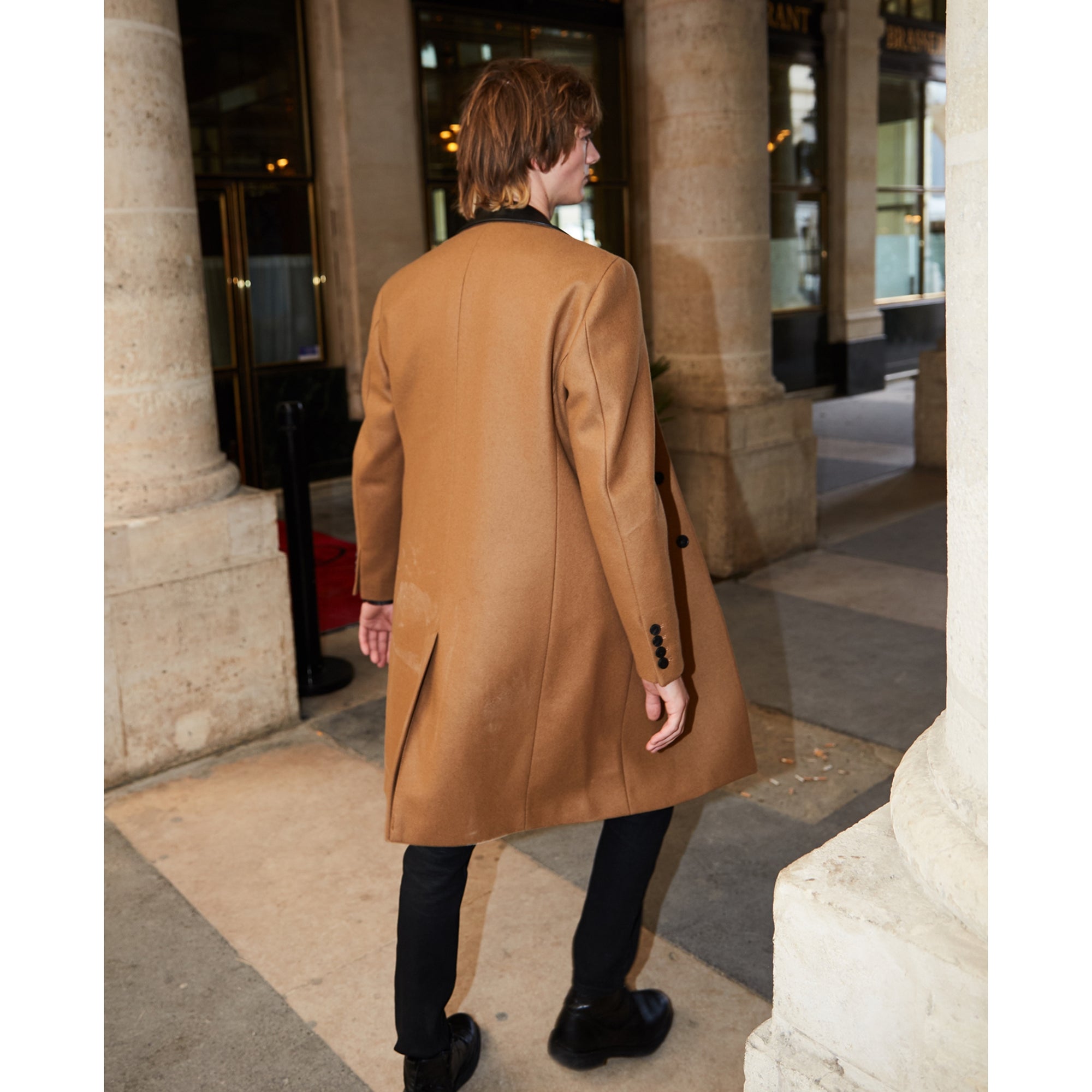 Leather Collar Belted Long Wool Coat | Men | Camel