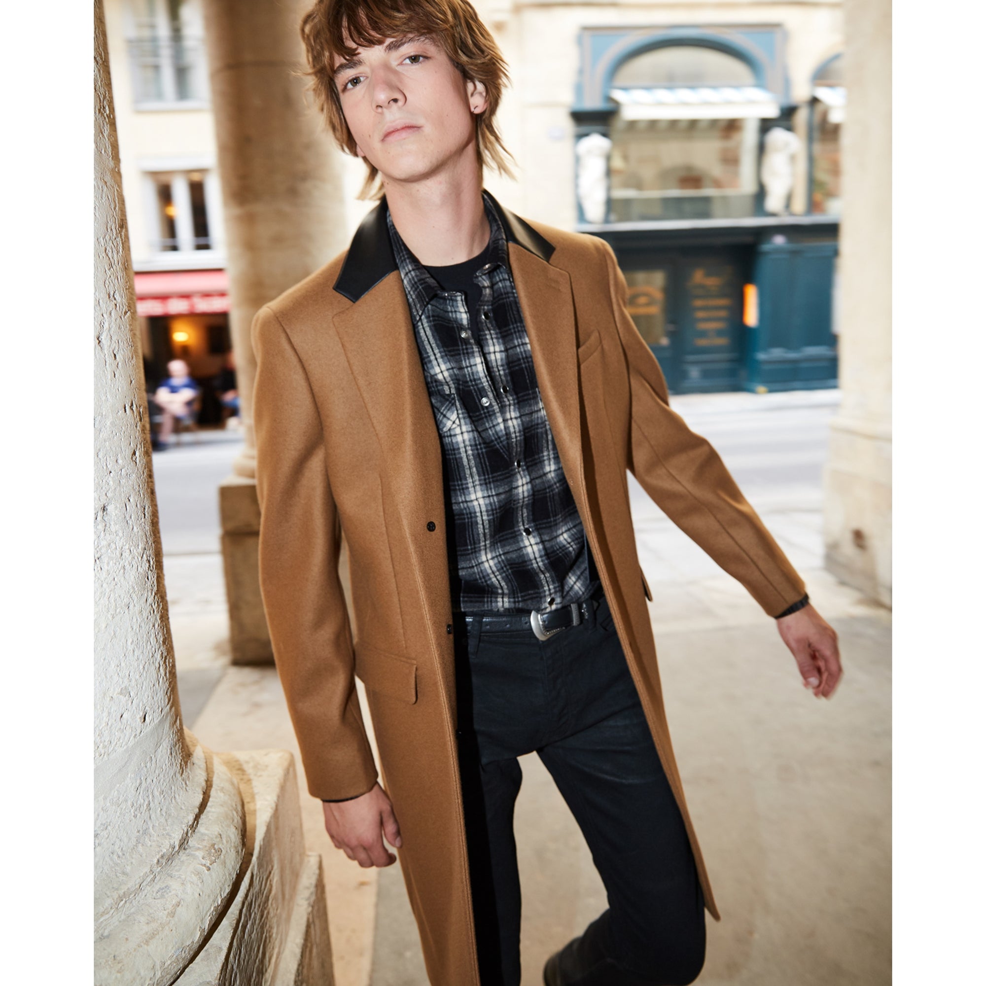 Leather Collar Belted Long Wool Coat | Men | Camel