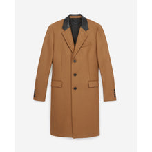 Leather Collar Belted Long Wool Coat | Men | Camel