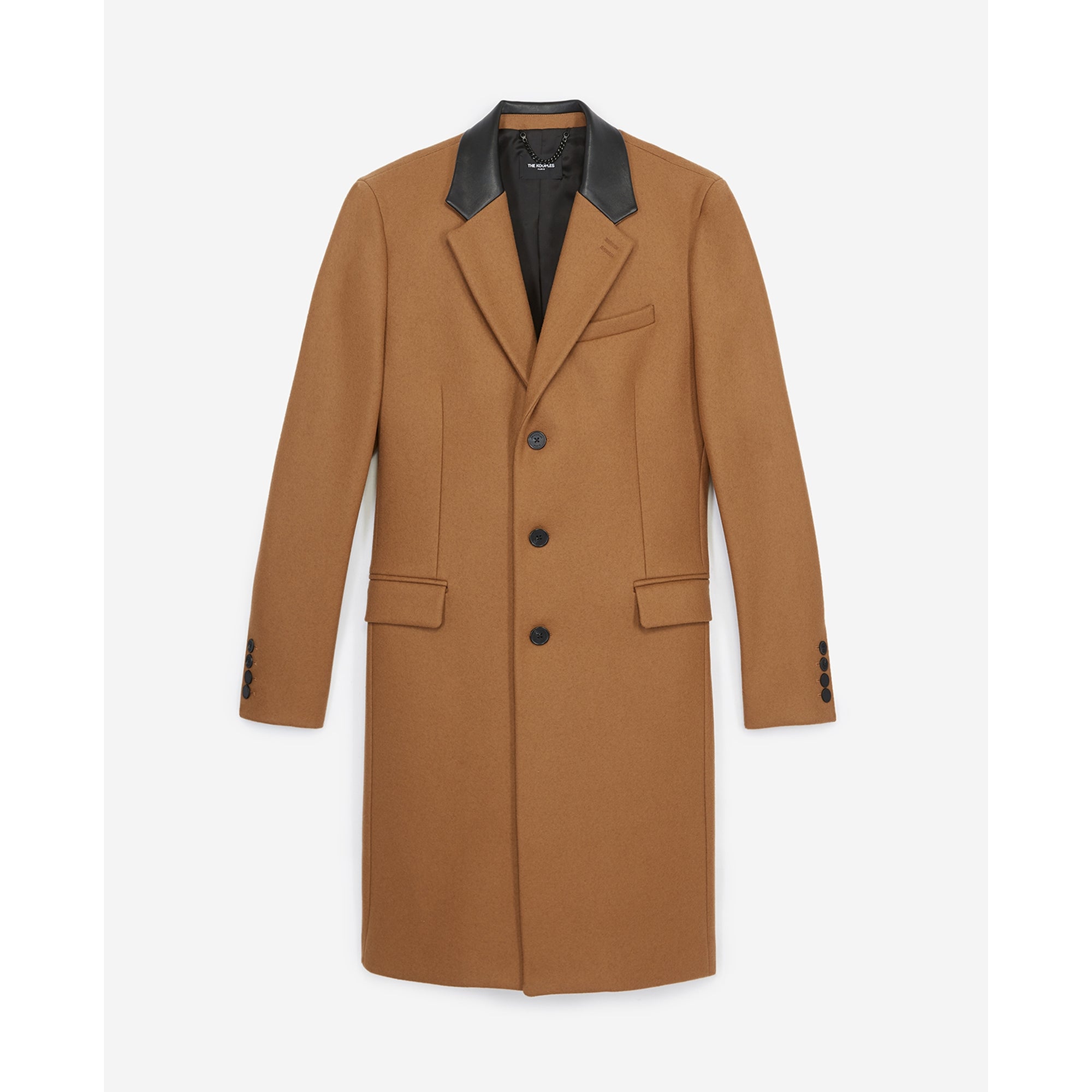 Leather Collar Belted Long Wool Coat | Men | Camel